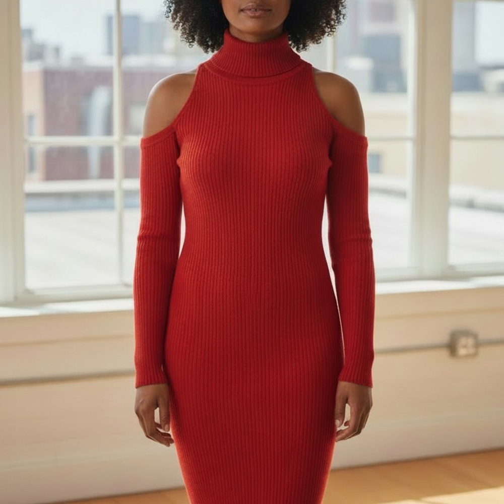 Fashion Nova Red Cold Shoulder Turtleneck Dress Size Large.